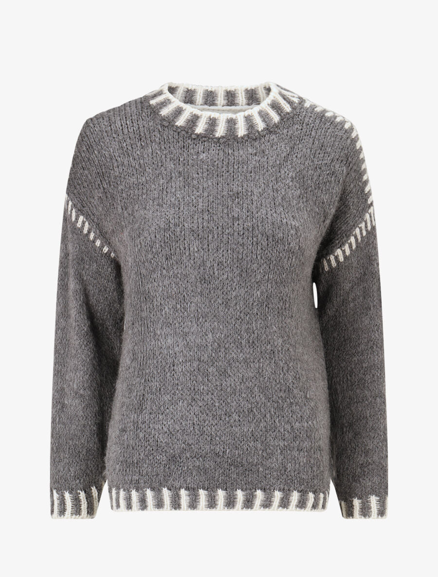 Pull uni en maille à col contrastant - Gris - 1