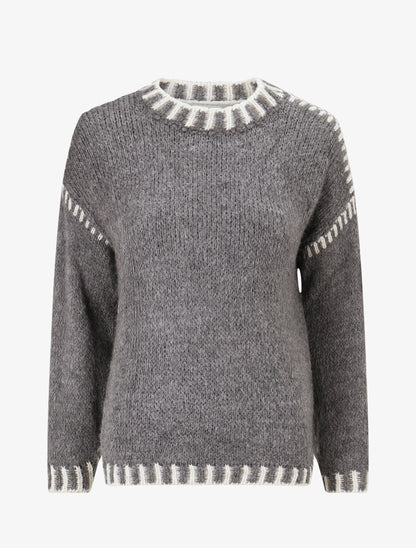 Pull uni en maille à col contrastant - Gris - 1