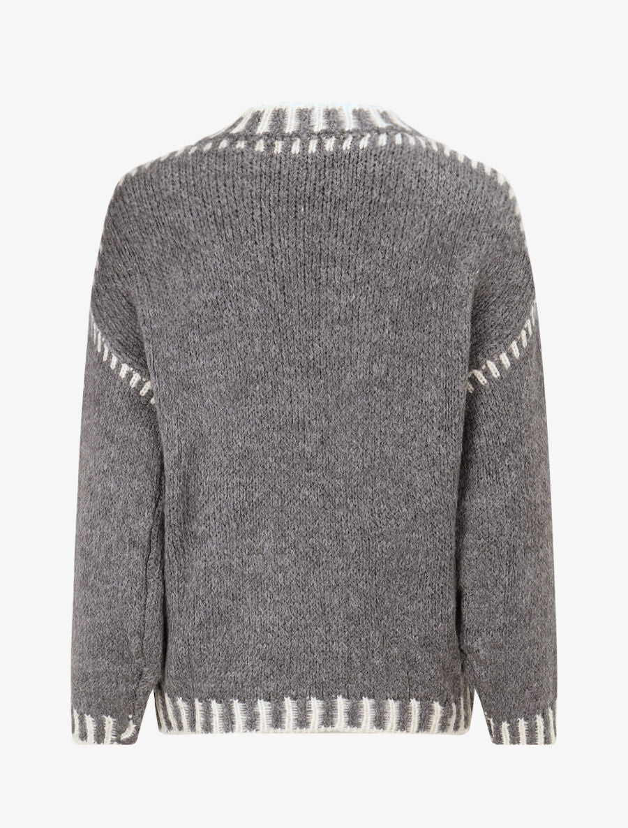 Pull uni en maille à col contrastant - Gris - 2