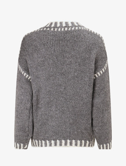 Pull uni en maille à col contrastant - Gris - 2