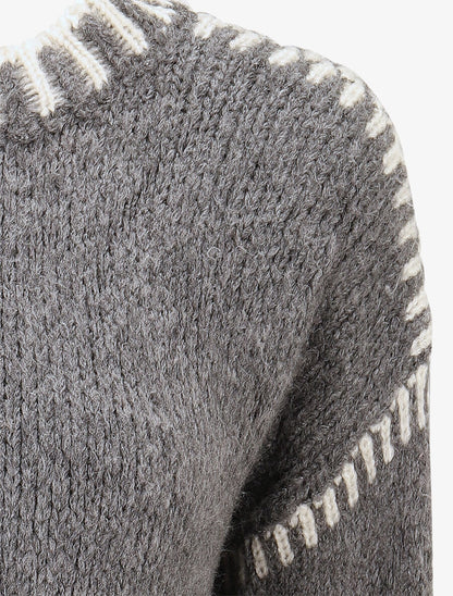 Pull uni en maille à col contrastant - Gris - 3