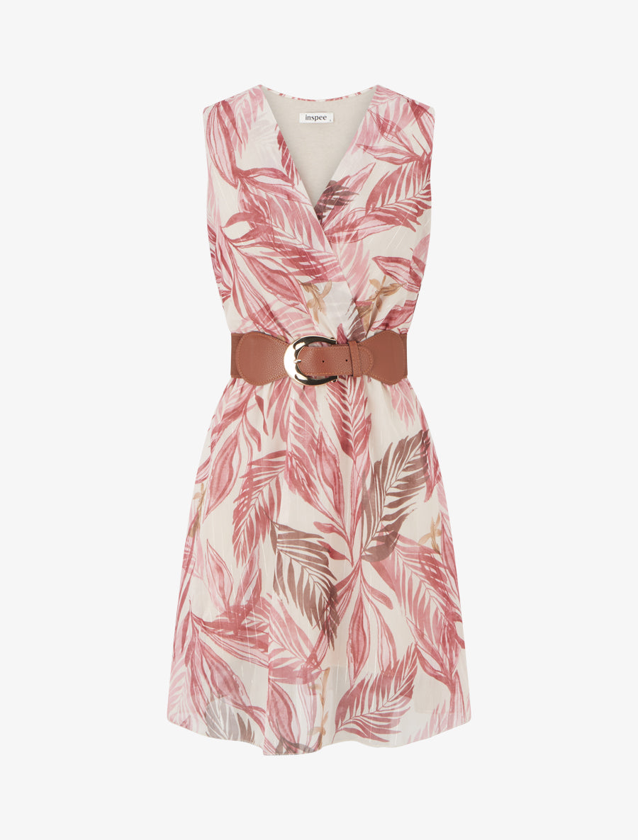 Robe imprimé feuillage à rayures irisés - Vieux rose - 1