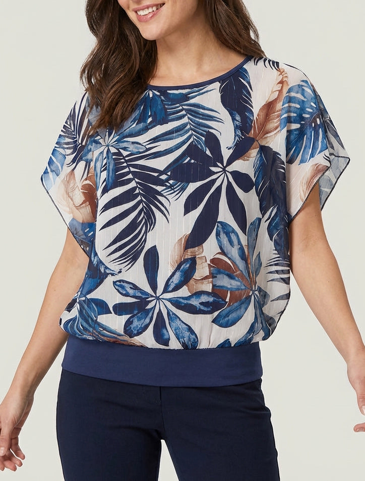 Top boule col rond imprimé tropical - Marine