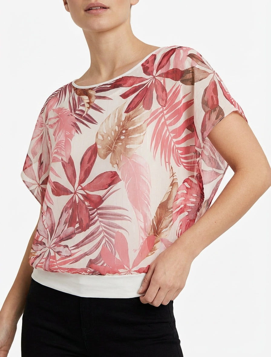 Top boule voile imprimé tropical - Vieux rose