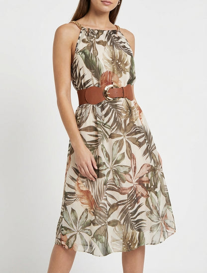 Robe à bretelles chaînes imprimé tropical - Kaki foncé