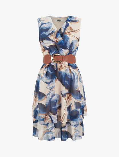 Robe patineuse sans manches imprimé grandes fleurs - Marine - 1