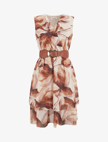 Robe patineuse sans manches imprimé grandes fleurs - Marron - 1