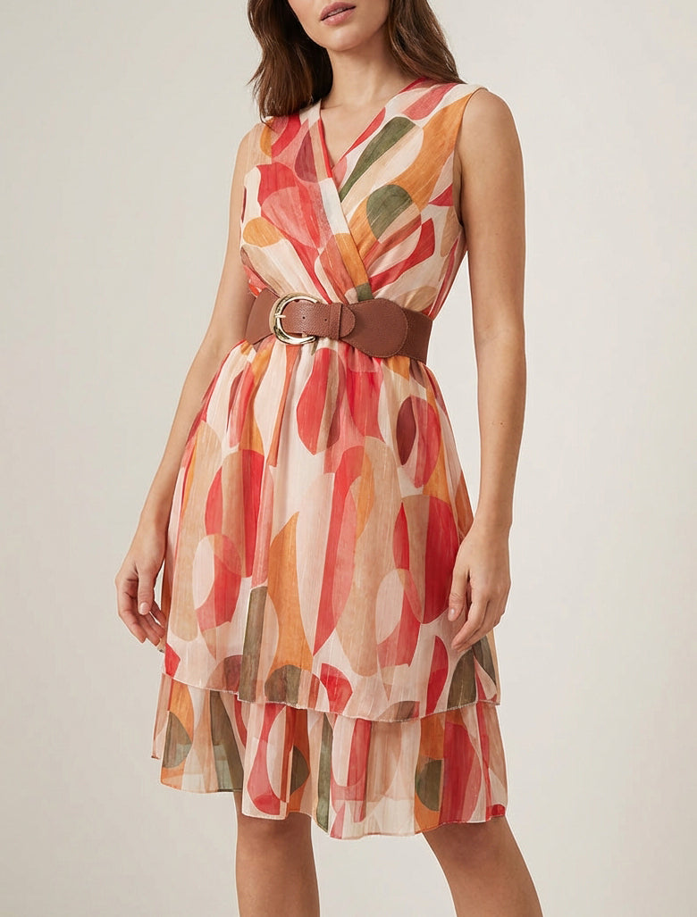 Robe patineuse col cache-cœur ceinturée - Rouge