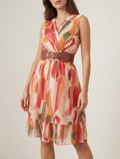 Robe patineuse col cache-cœur ceinturée - Rouge