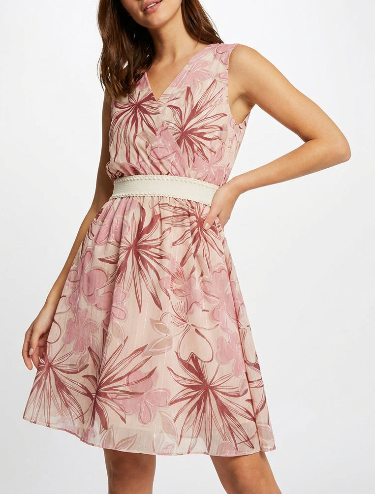 Robe patineuse sans manches imprimé fleuri - Rose