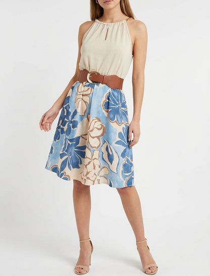 Robe à bretelles chaînes imprimé grandes fleurs - Bleu clair