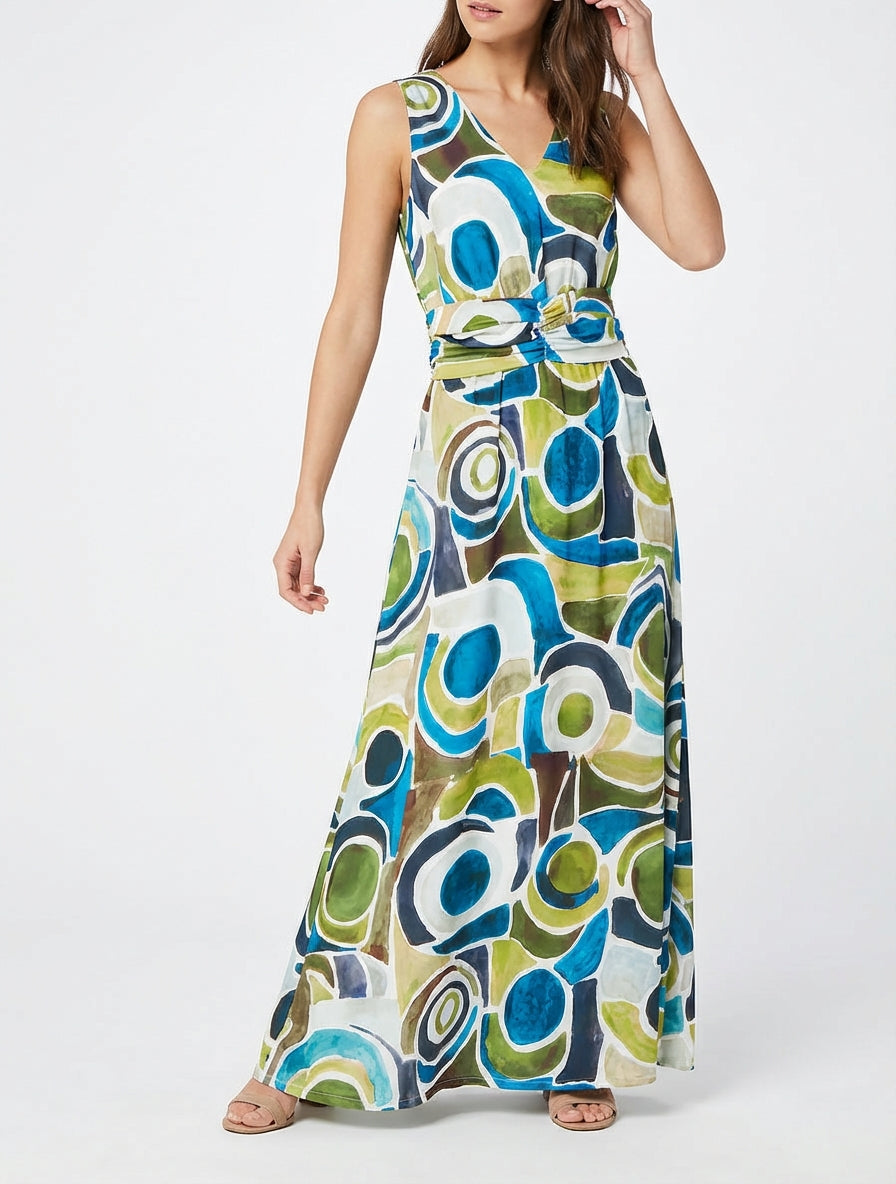 Robe imprimé abstrait à taille élastiquée - Bleu canard