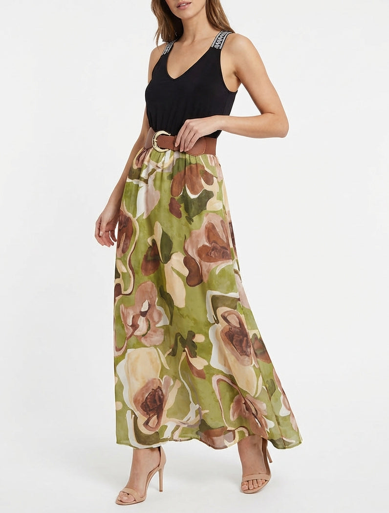 Robe longue imprimé fantaisie - Vert olive