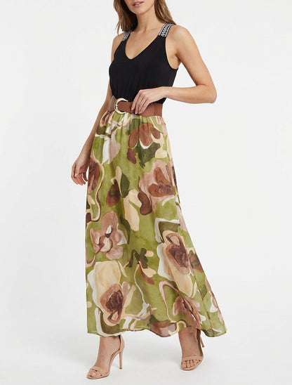 Robe longue imprimé fantaisie - Vert olive