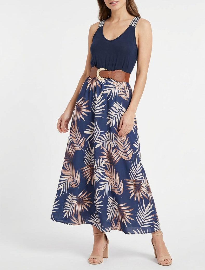 Robe longue imprimé feuillage - Camel