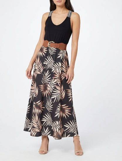 Robe longue imprimé feuillage - Noir