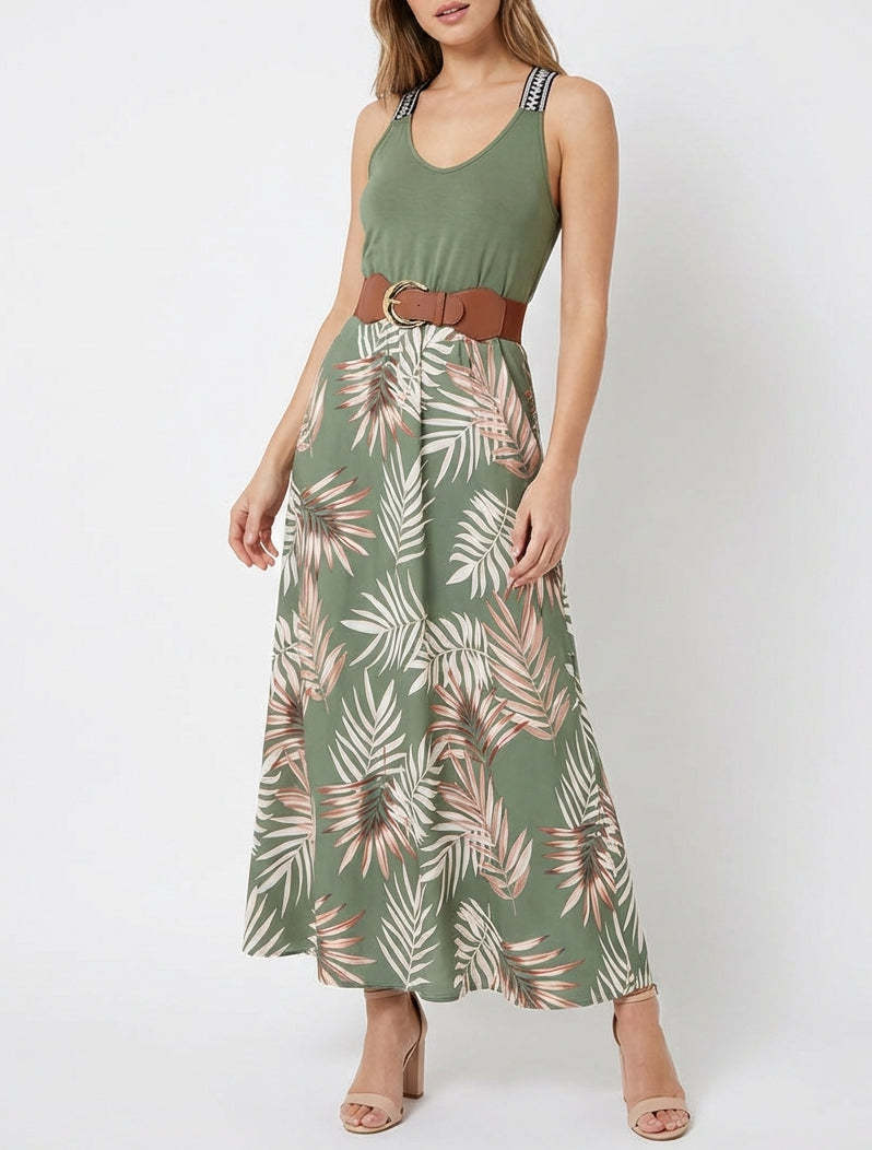 Robe longue imprimé feuillage - Kaki