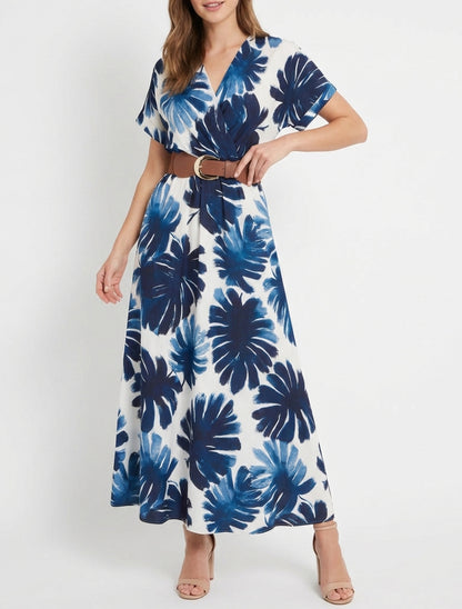 Robe longue cache-cœur imprimé feuillage - Marine