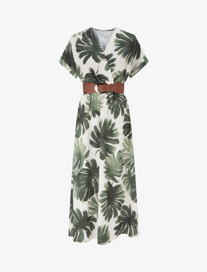 Robe longue manches courtes imprimé feuillage - Kaki - 1