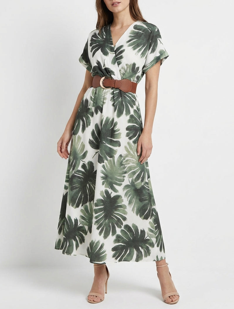 Robe longue cache-cœur imprimé - Kaki