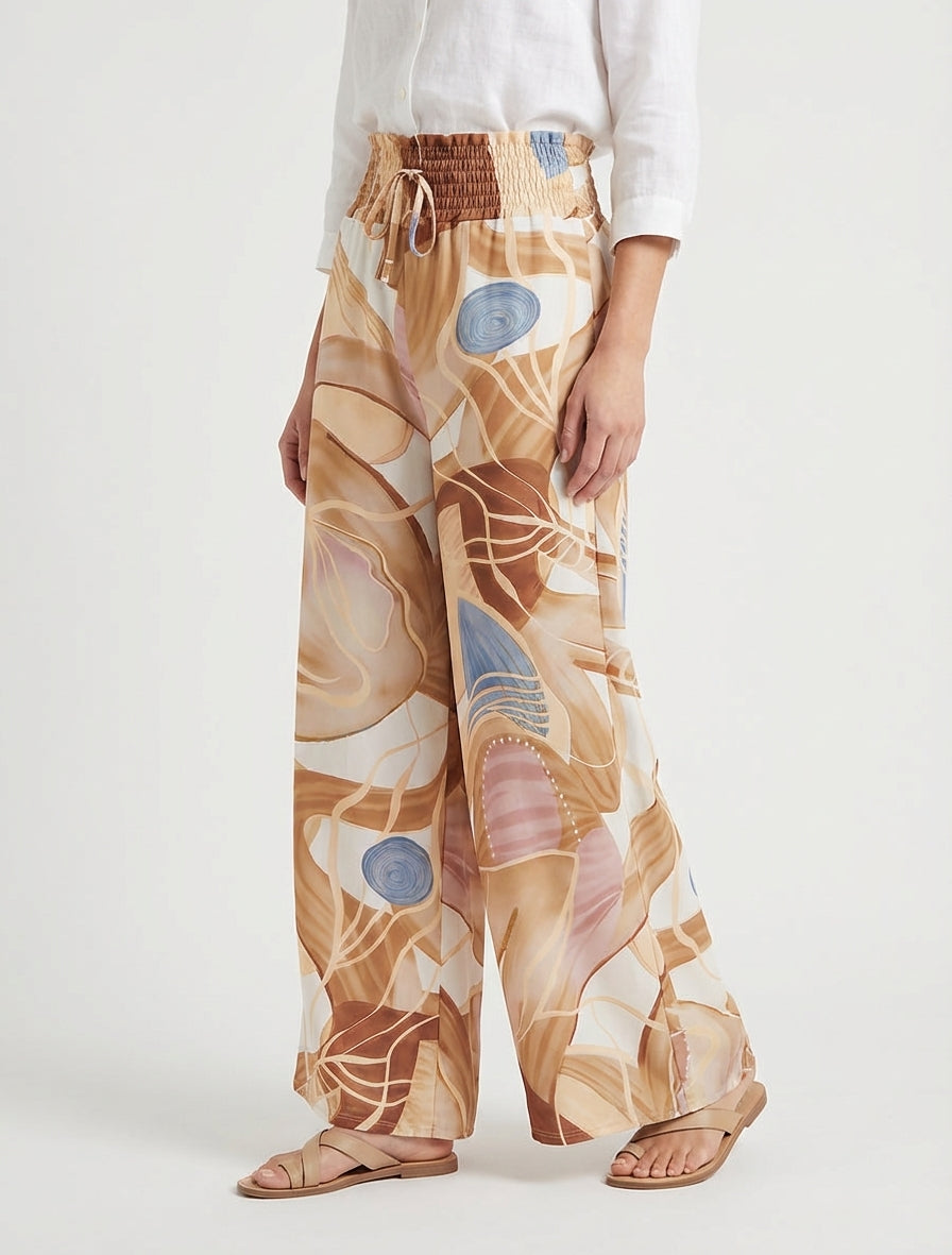 Pantalon imprimé abstrait à taille élastiquée - Camel