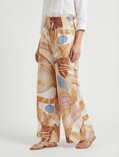 Pantalon imprimé abstrait à taille élastiquée - Camel