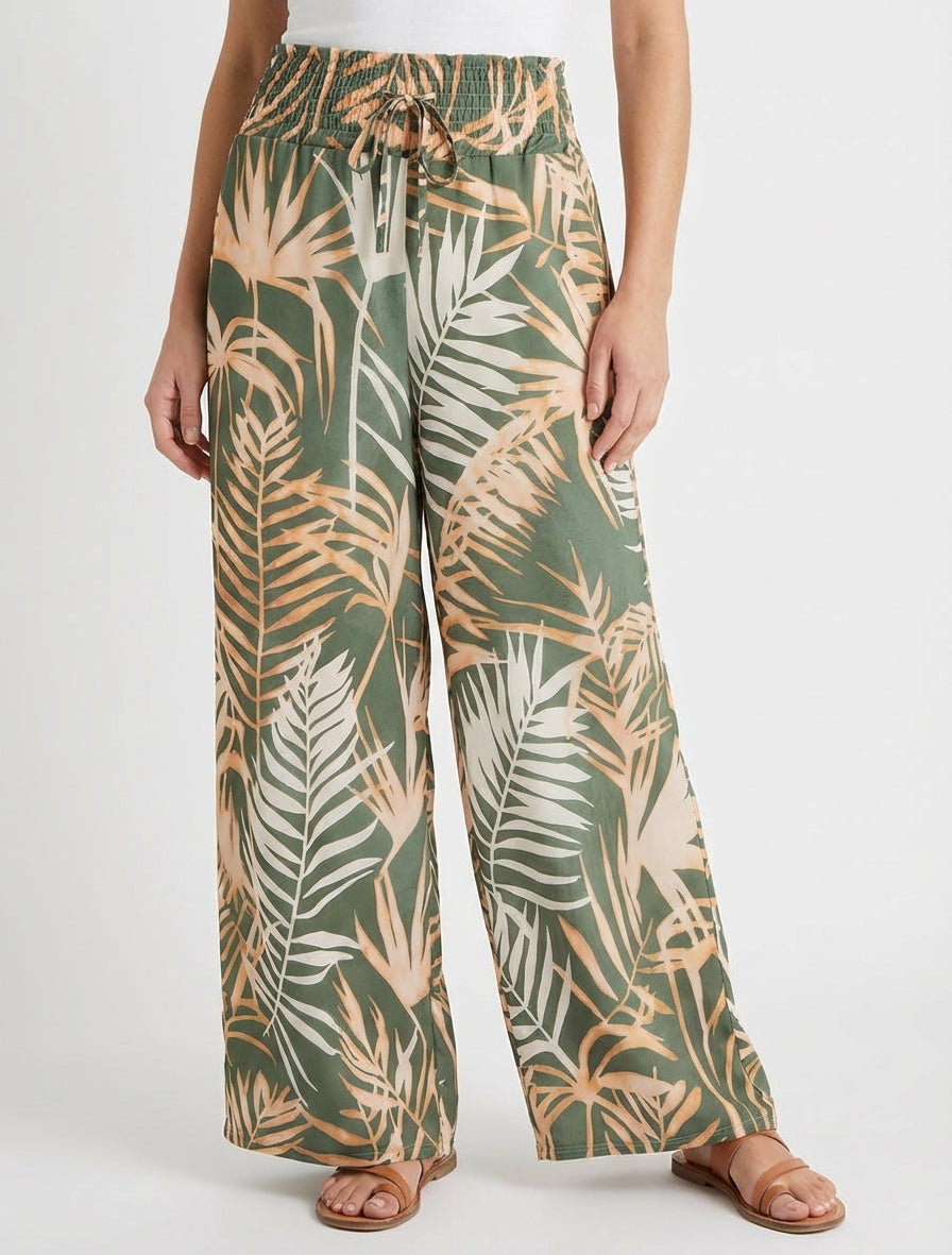 Pantalon imprimé feuillage à taille élastiquée - Kaki