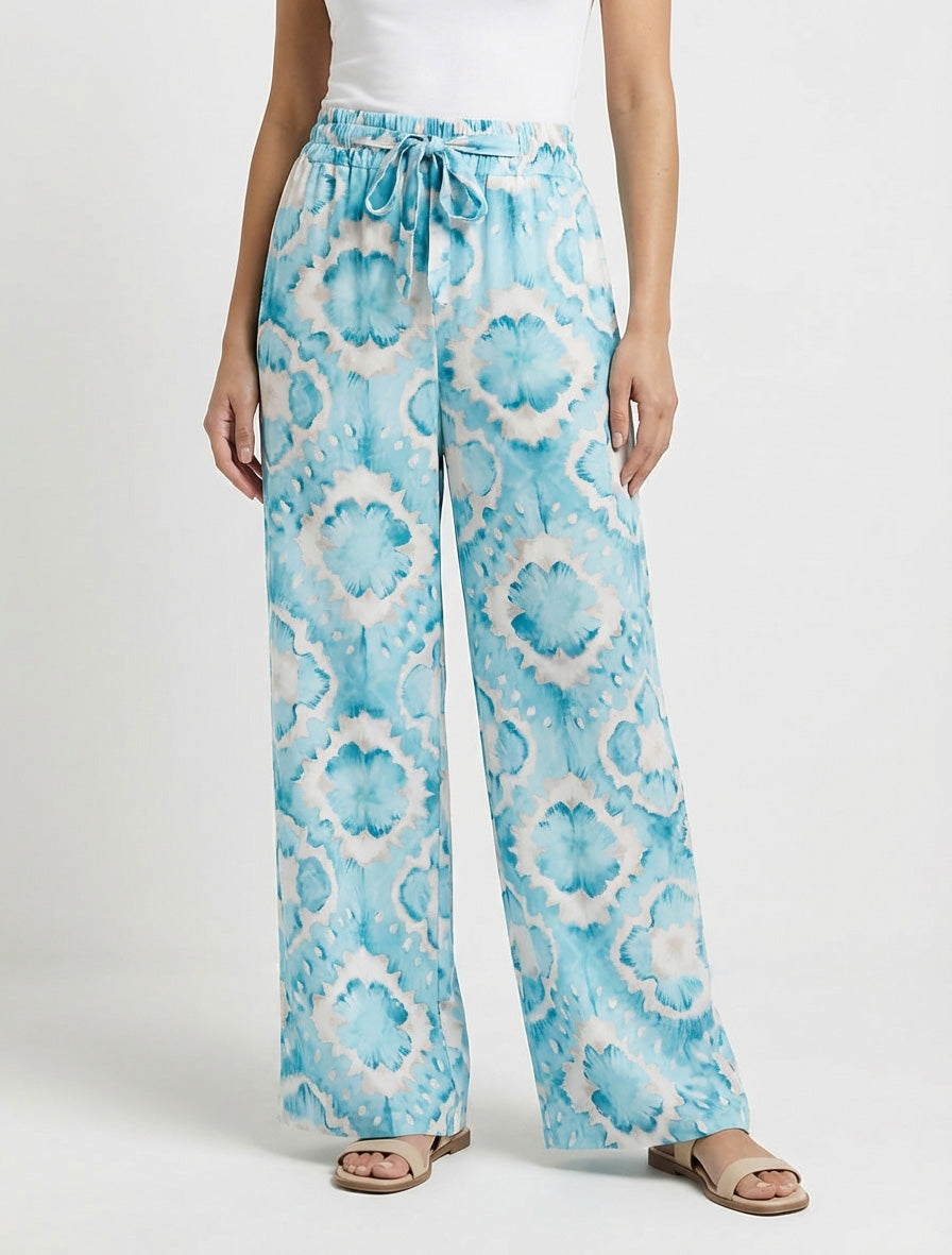 Pantalon élastiquée imprimé abstrait - Turquoise