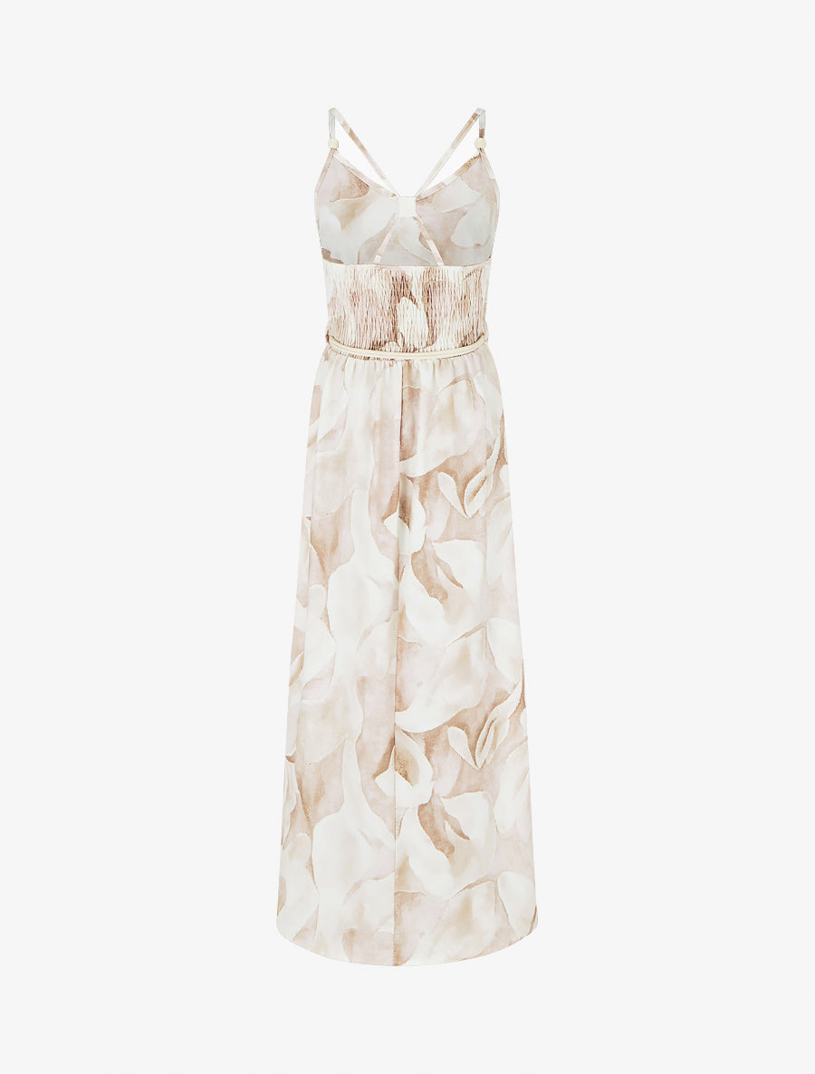 Robe longue col V à bretelles perles - Beige