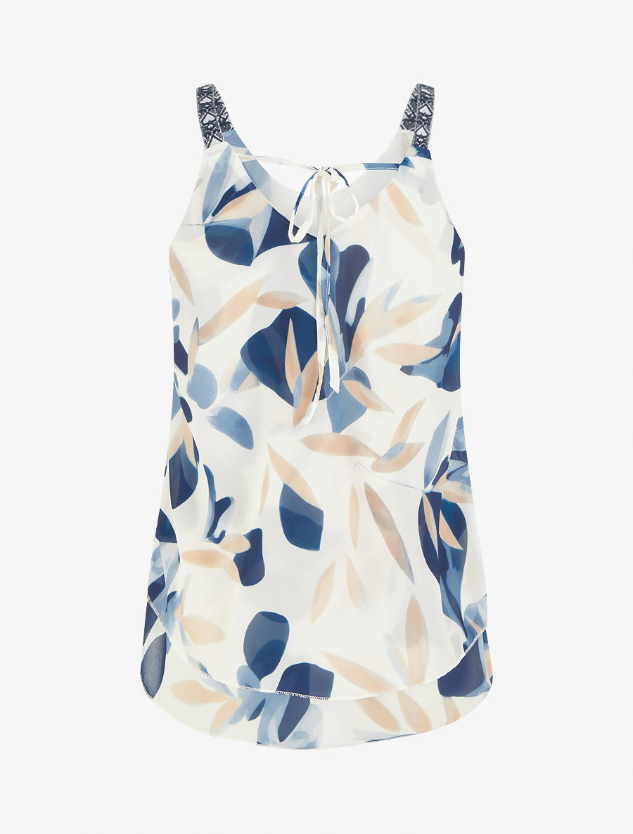 Caraco imprimé feuillages à bretelles brodées - Marine - 2