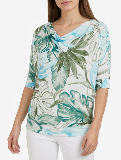 Top tropical manches 3/4 et effet plissé - Kaki