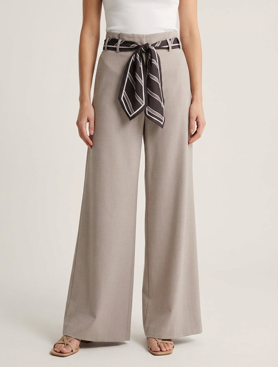 Pantalon ample à ceinture style foulard - Taupe clair