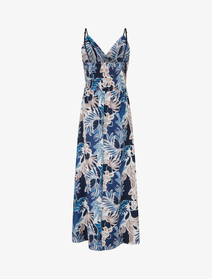 Robe longue à fines bretelles imprimé feuillage - Marine - 2