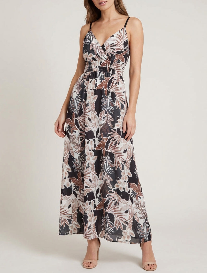 Robe longue à fines bretelles imprimé feuillage - Noir