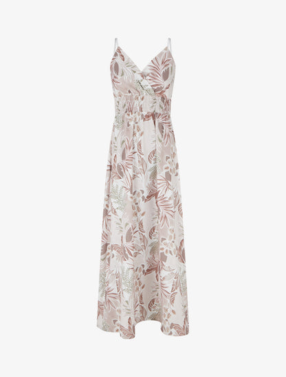 Robe longue à fines bretelles imprimé feuillage - Beige - 1