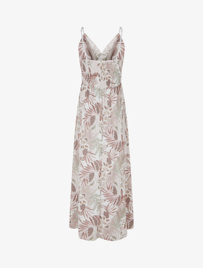 Robe longue à fines bretelles imprimé feuillage - Beige - 2