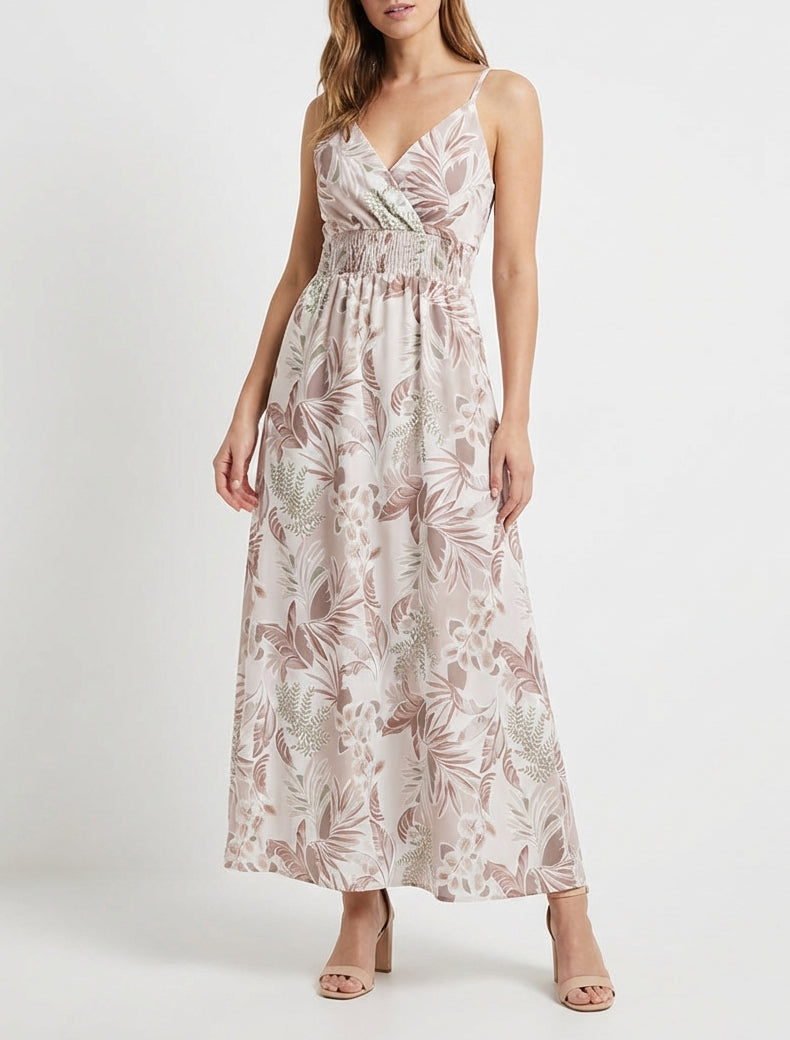 Robe longue à fines bretelles imprimé feuillage - Beige