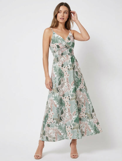 Robe longue à fines bretelles imprimé feuillage - Kaki