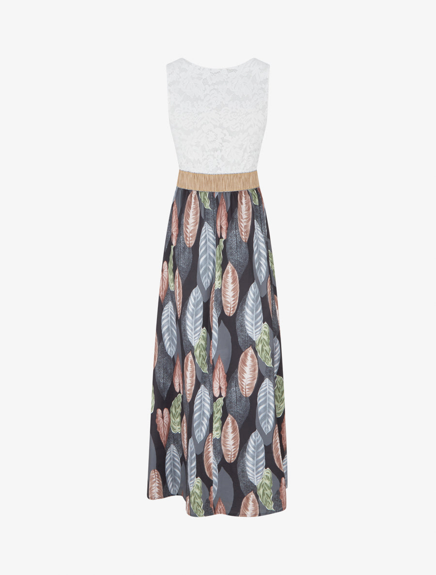 Robe longue à dentelle et imprimé feuilles - Noir - 2