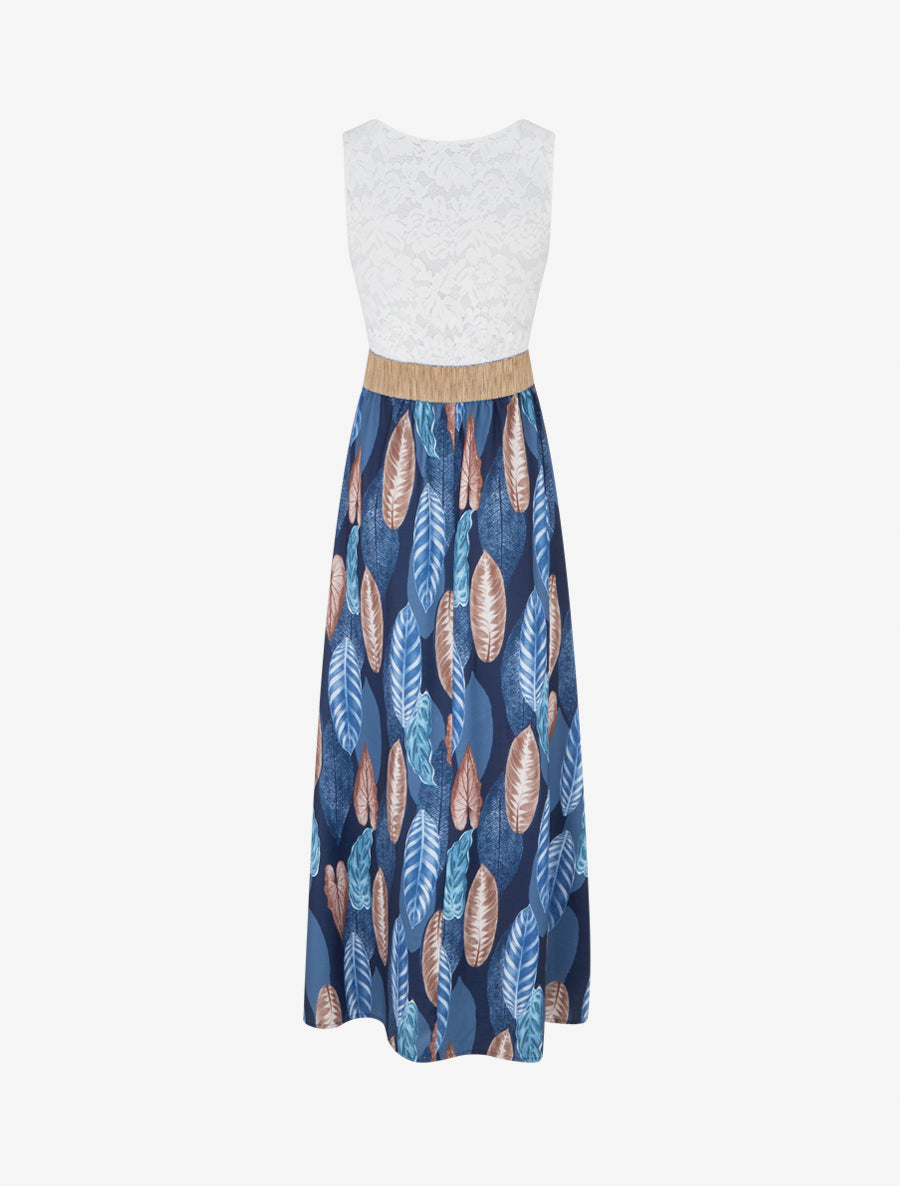 Robe longue à dentelle et imprimé feuilles - Marine - 2