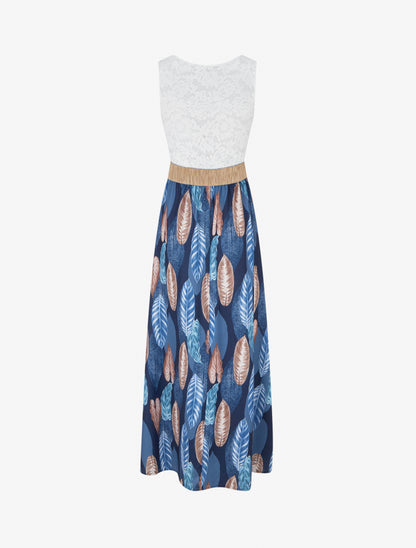 Robe longue à dentelle et imprimé feuilles - Marine - 2