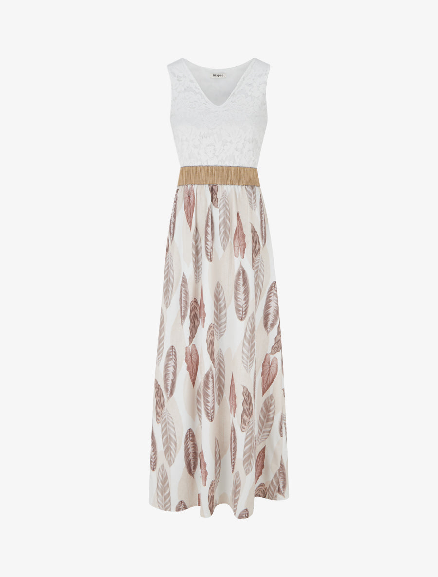 Robe longue à dentelle et imprimé feuilles - Beige - 1