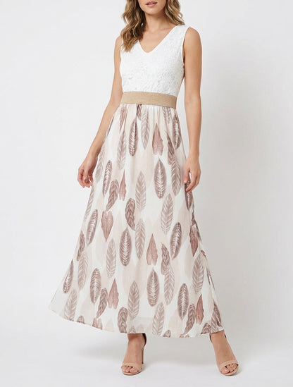 Robe longue à dentelle et imprimé feuilles - Beige