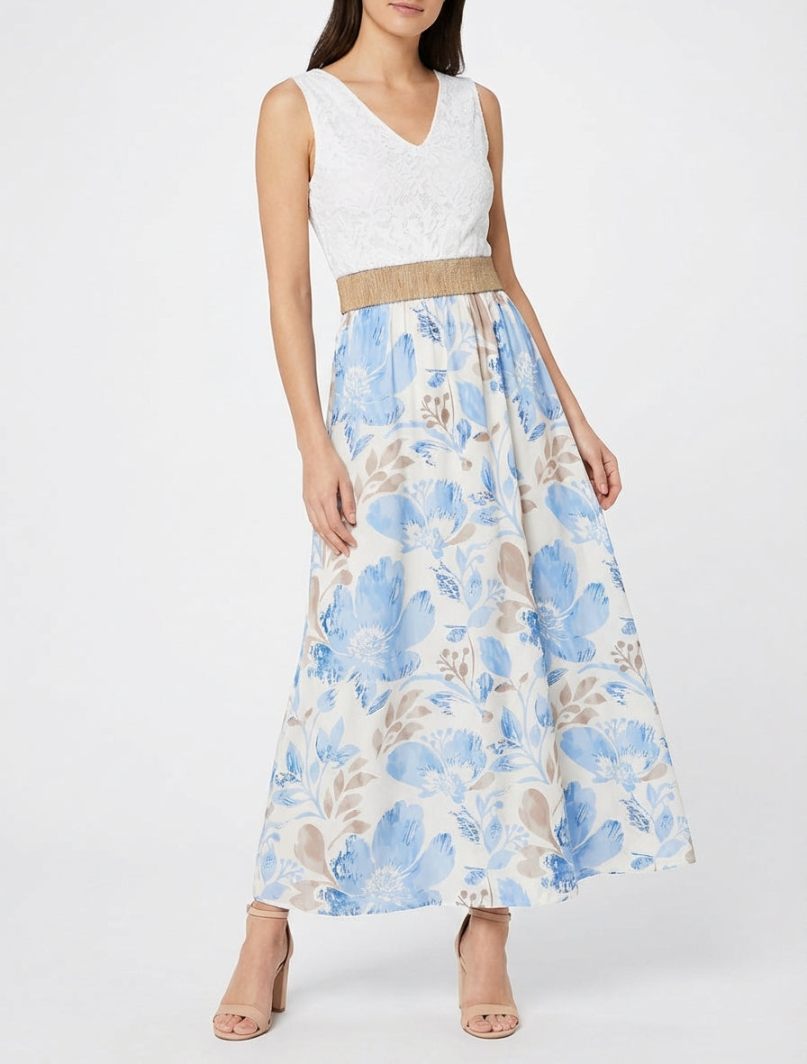 Robe longue à dentelle et imprimé floral - Bleu ciel