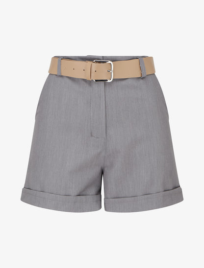 Short uni à ourlet et ceinturé - Gris - 1
