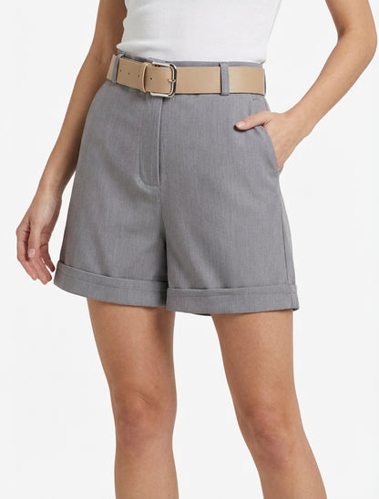 Short uni à ourlet et ceinturé - Gris