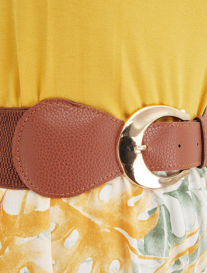 Robe longue à jupe imprimé feuillage - Jaune moutarde - 3