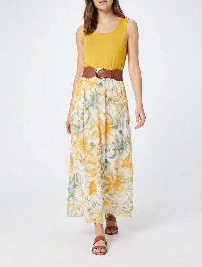 Robe longue ceinturée imprimé feuillage - Jaune moutarde
