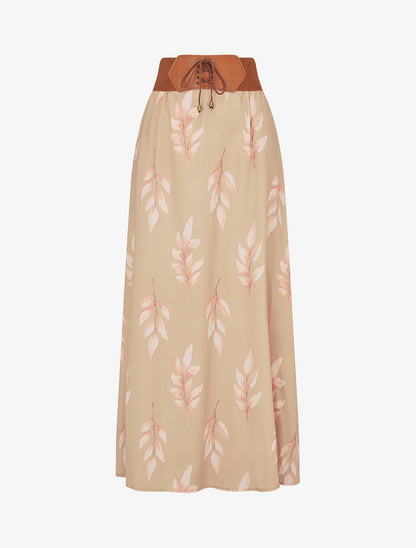Jupe longue imprimé feuilles - Camel - 1