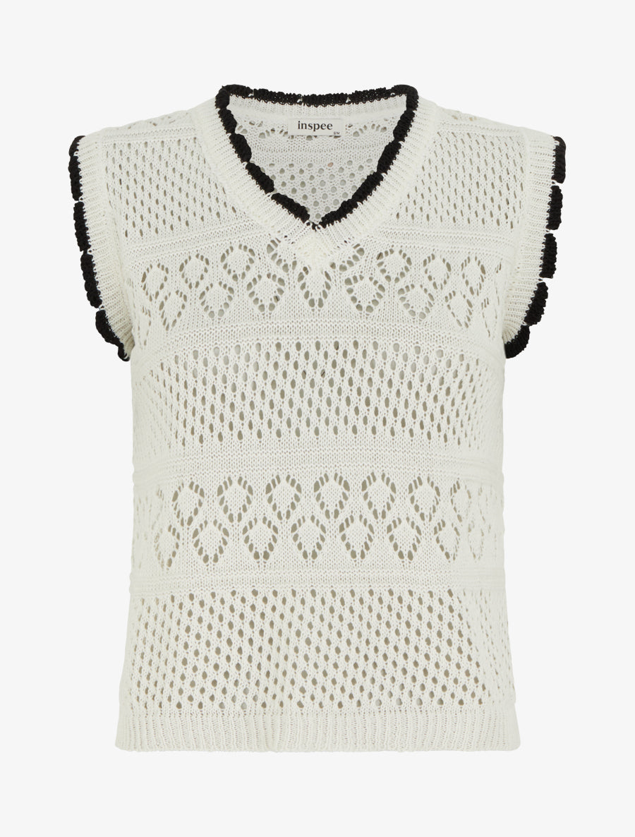 Pull sans manches à col contrastant - Blanc - 1